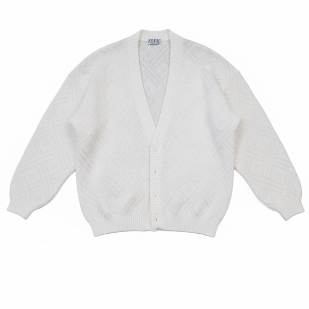 Area Vtg White Geometric Knit Cardigan Sweater V Neck Button Up Long Sleeve Sz L